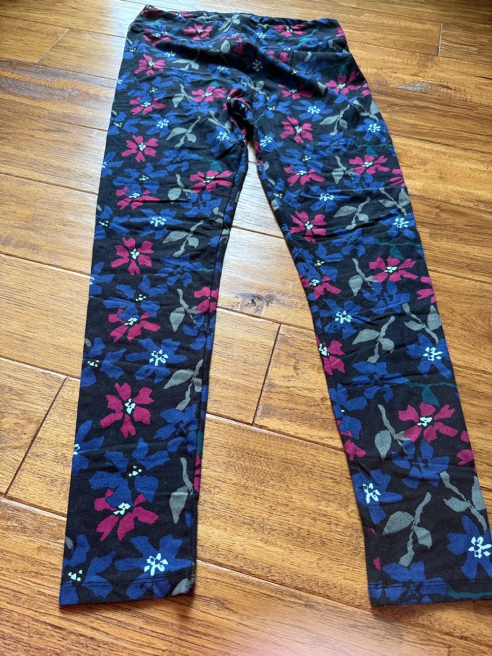 LuLaRoe Black Floral Jeggings with Blue and Magenta Flowers